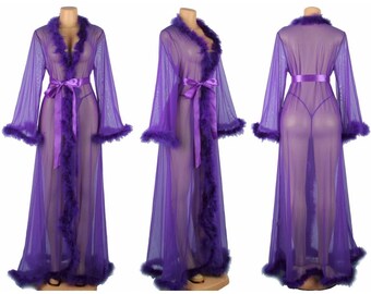 Purple sheer & floral lace Robe Dressing Gown Lingerie Underwear 10/12 22530 