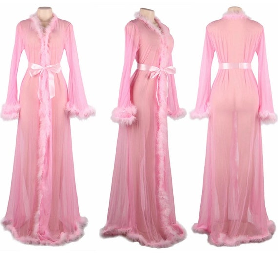 Pink Feather Robe Sheer Robe Mesh Thin Feather Long Robe Etsy