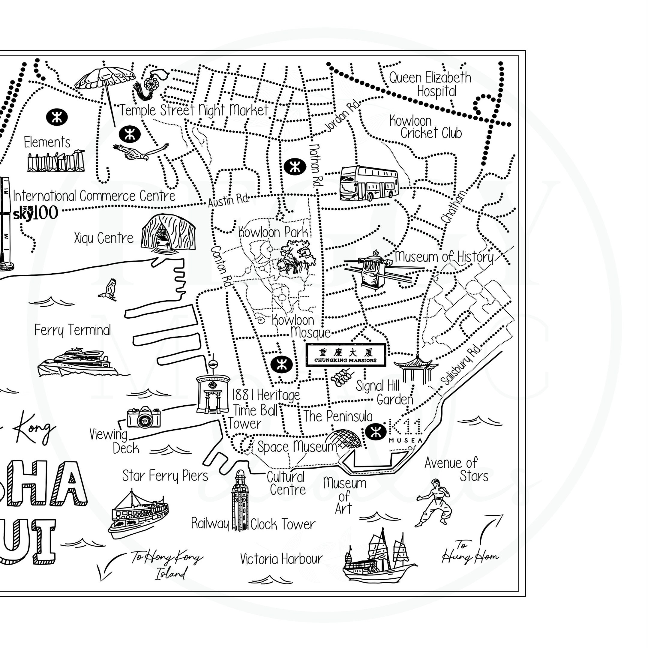 Tsim Sha Tsui Hong Kong Printable Map Illustration | Etsy