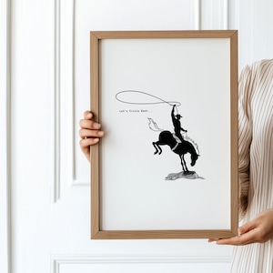 May include: Black and white illustration of a cowboy riding a bucking horse. The cowboy is holding a lasso in his right hand. The text "Let's Circle Back..." is written above the cowboy.