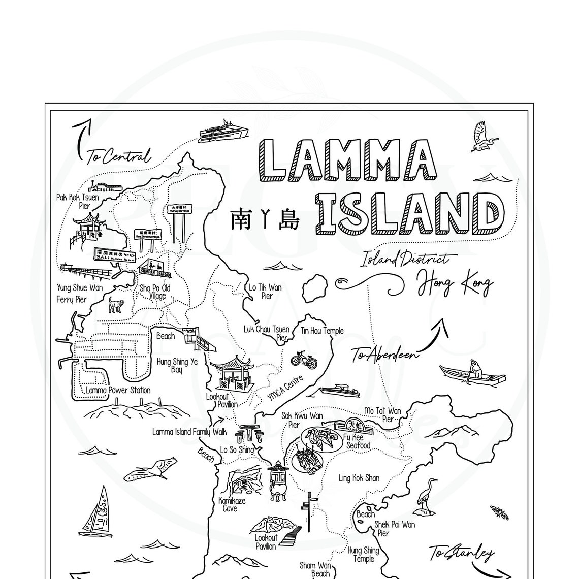 Lamma Island Hong Kong Printable Map Illustration | Etsy