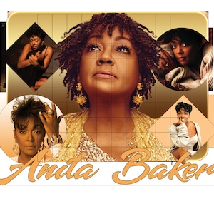 May include: A promotional image featuring Anita Baker, with a central portrait and smaller inset images. The design has a gold and black color scheme, with the name "Anita Baker" in a stylized font at the bottom.
