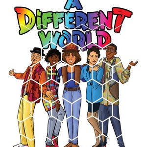 以下が含まれることがあります： テレビ番組「A Different World」のキャストのカラフルなイラストが、白いハニカムパターンを背景に立っています。キャラクターは1980年代と1990年代のファッションを着ています。