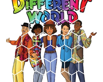 May include: A colorful illustration of the cast of the television show "A Different World" standing in front of a white honeycomb pattern. The characters are dressed in 1980s and 1990s fashion.