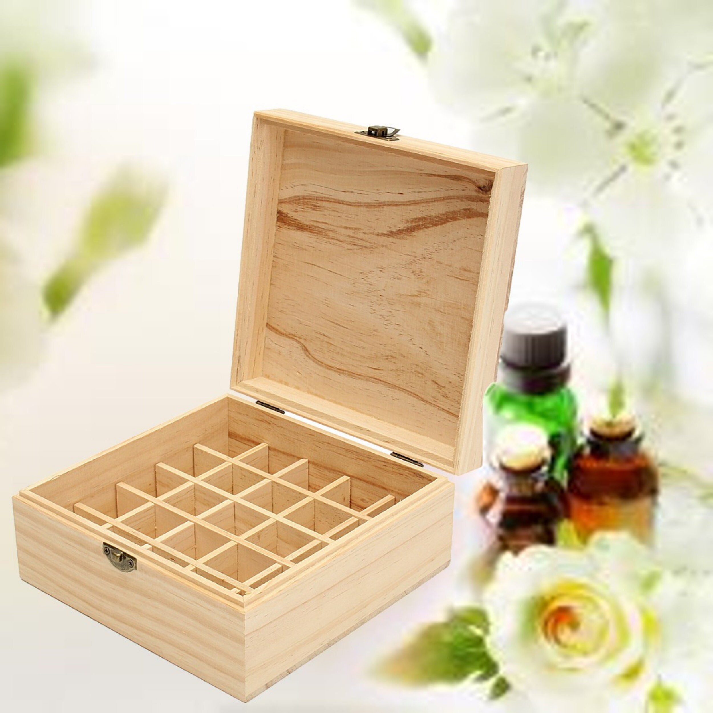 Pure Vie Aufbewahrungsbox Für ätherische Öle – Aus Holz, Mit 25 Fächern Für 5-15 Ml Flaschen, Ca. 18x18x8 Cm, Mit Metallverschluss