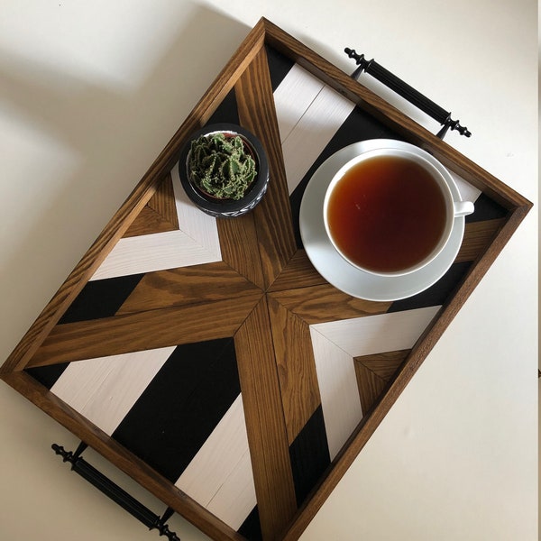 Serving Wood Tray, Coffee and Tea Serving Tray with Handles, Decorative Serving Trays, Platter for Breakfast, Modern Wood Tray