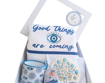 Personalized Greek Goodies Gift Box Perfect Holiday White Blue Coffee Cup Kitchen Towel Positive Evil Eye Tree Fridge Magnet Christmas