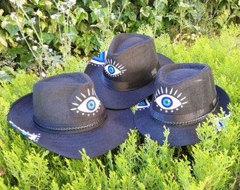 Black Evil Eye Summer Straw Cow Boy Hat Style Hand painted Colorful Black Satin Ribbon Unisex Sunhat Elegant UV Protection