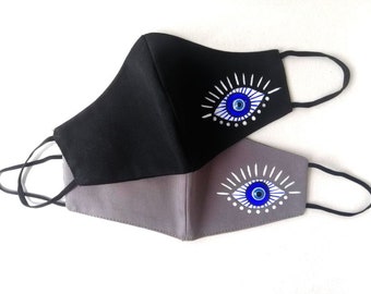 Evil Eye Mask Ergonomic 2 Layers Hand Painted Elastic Ear Loop Adjustable Washable Masks Double Cotton Stylish Wear Reusable