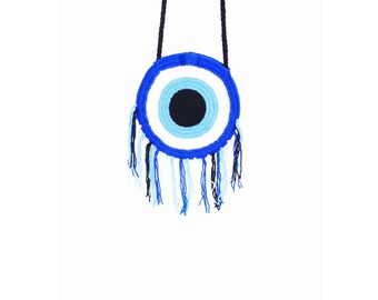 Evil Eye Bag Boho Small Greek Handmade Fabric Women Every day Chrochet Blue Black knitted Cotton Beach Summer