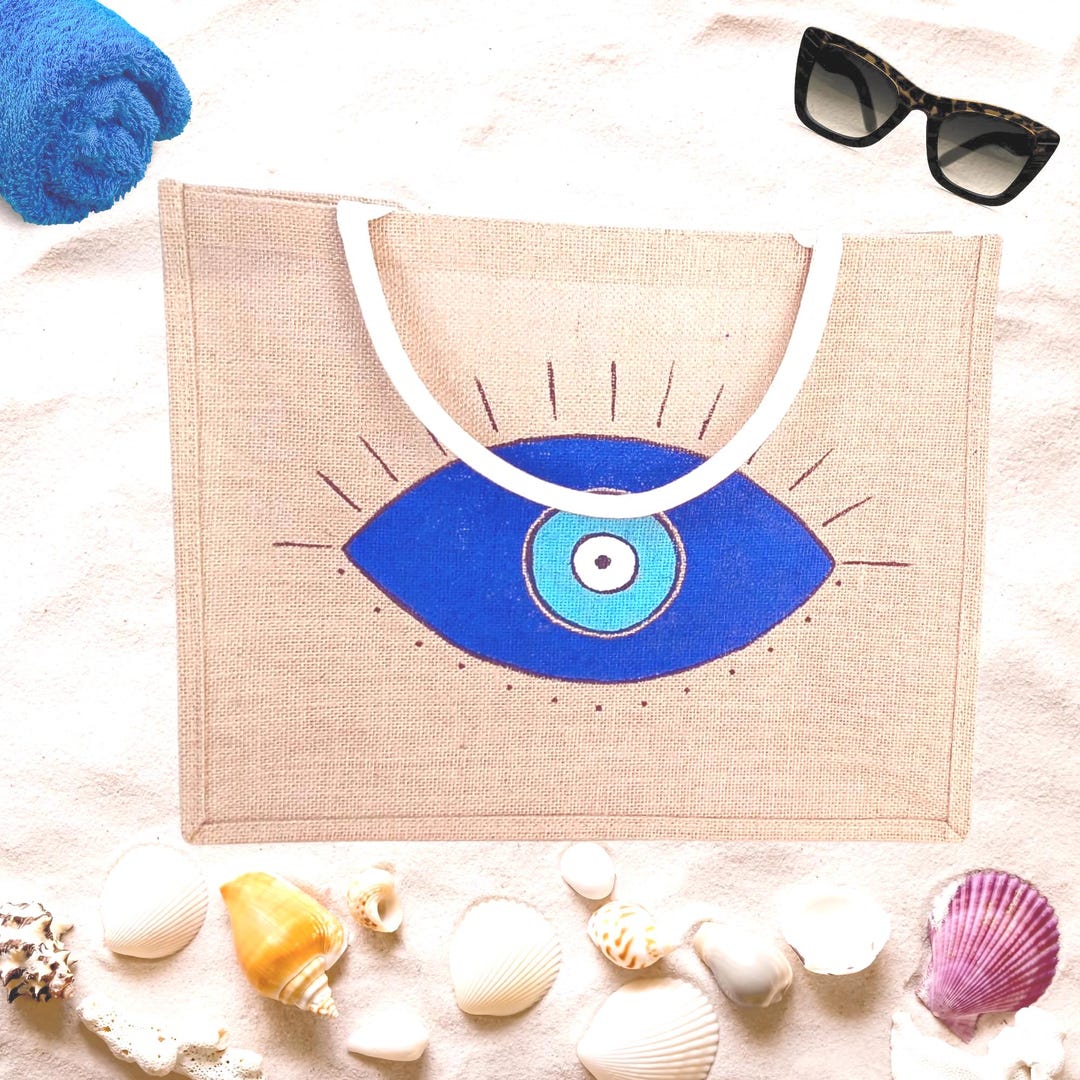 Evil Eye Boho Printed Pom Pom Oversize Tote