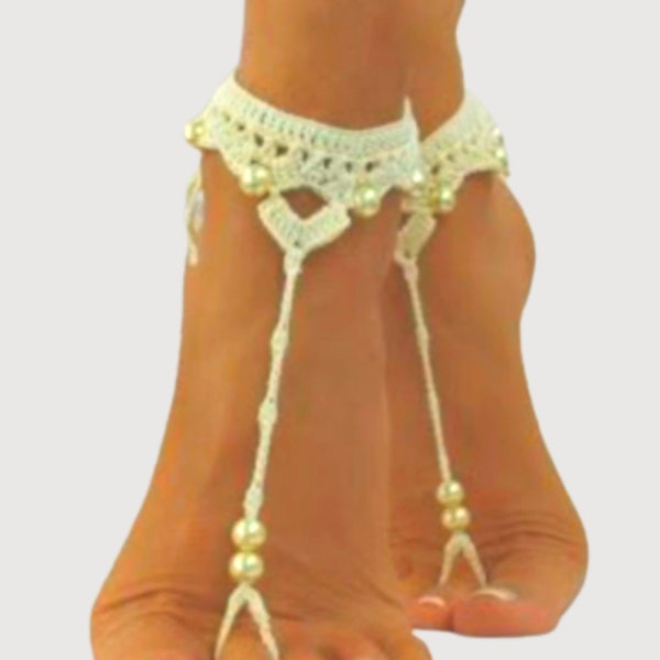 Women Ankle Beige Crochet Pearl Sexy Handmade Vintage Fastion Style Summer Beach Ladies Barefoot Bridal Sndals Foot Wedding Jewlery