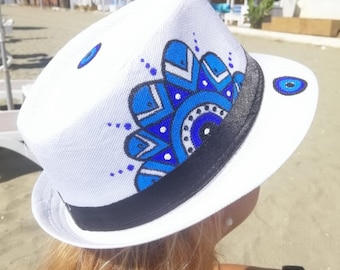 Evil Eye White Summer linen Straw Boater Hat Style Hand painted Colorful Black Satin Ribbon Unisex Greece Sunhat Elegant UV Protection