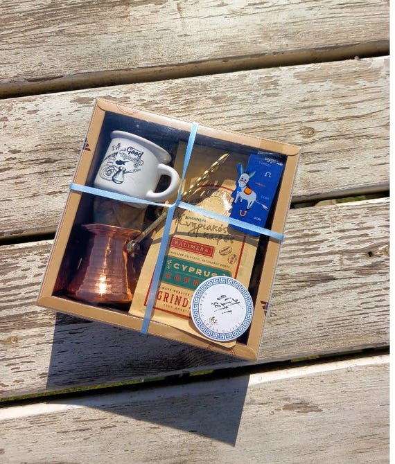Greek Coffee Gift Set Copper Briki Pot Cyprus Ground Coffee Mug Fridge Magnet