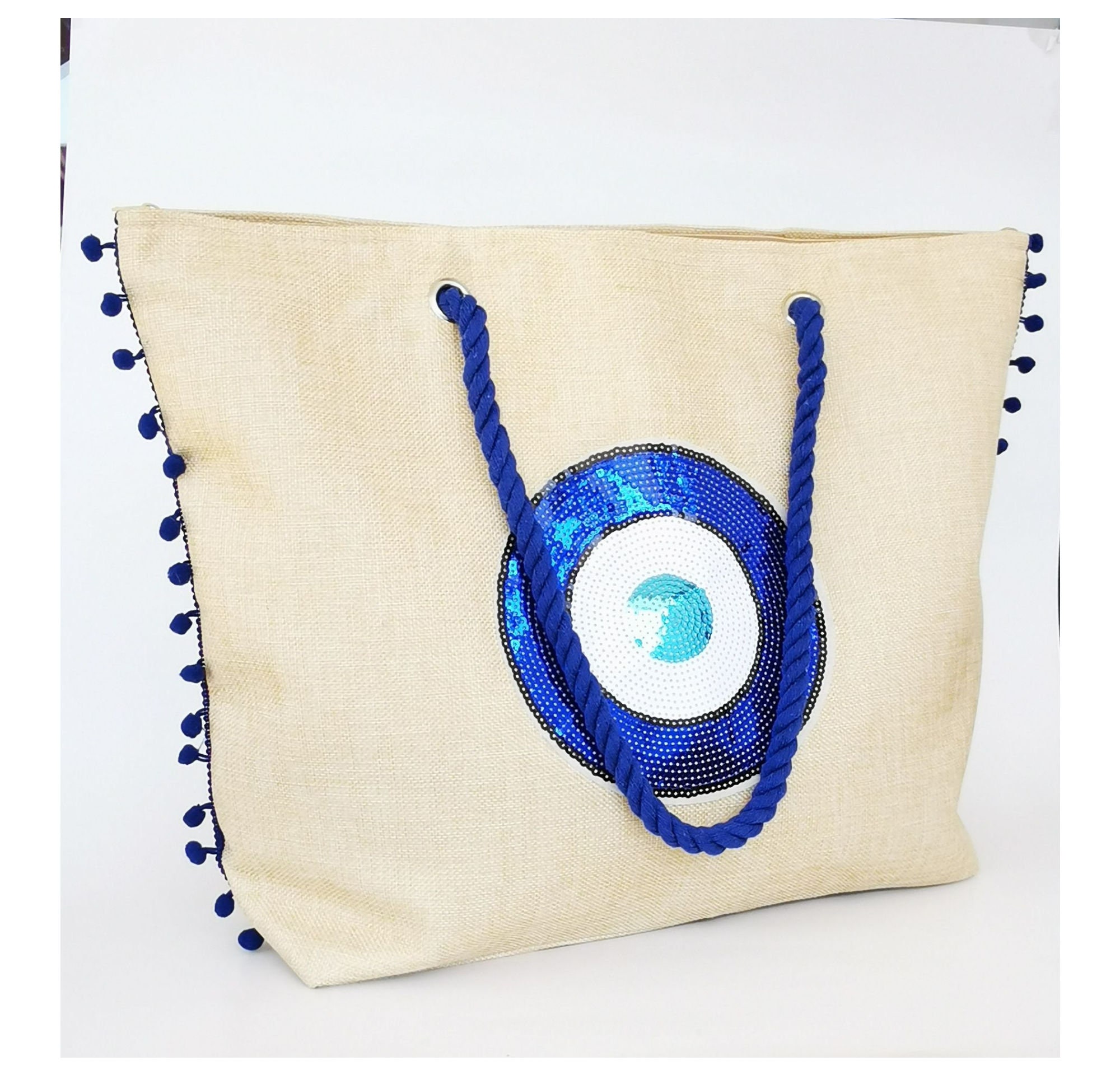 Blue Evil Eye Tote Bag Beige  Ticking Stripe Double Layer Cotton Evil Eye Beach Summer for Women Eco-Friendly Shopping Reusable