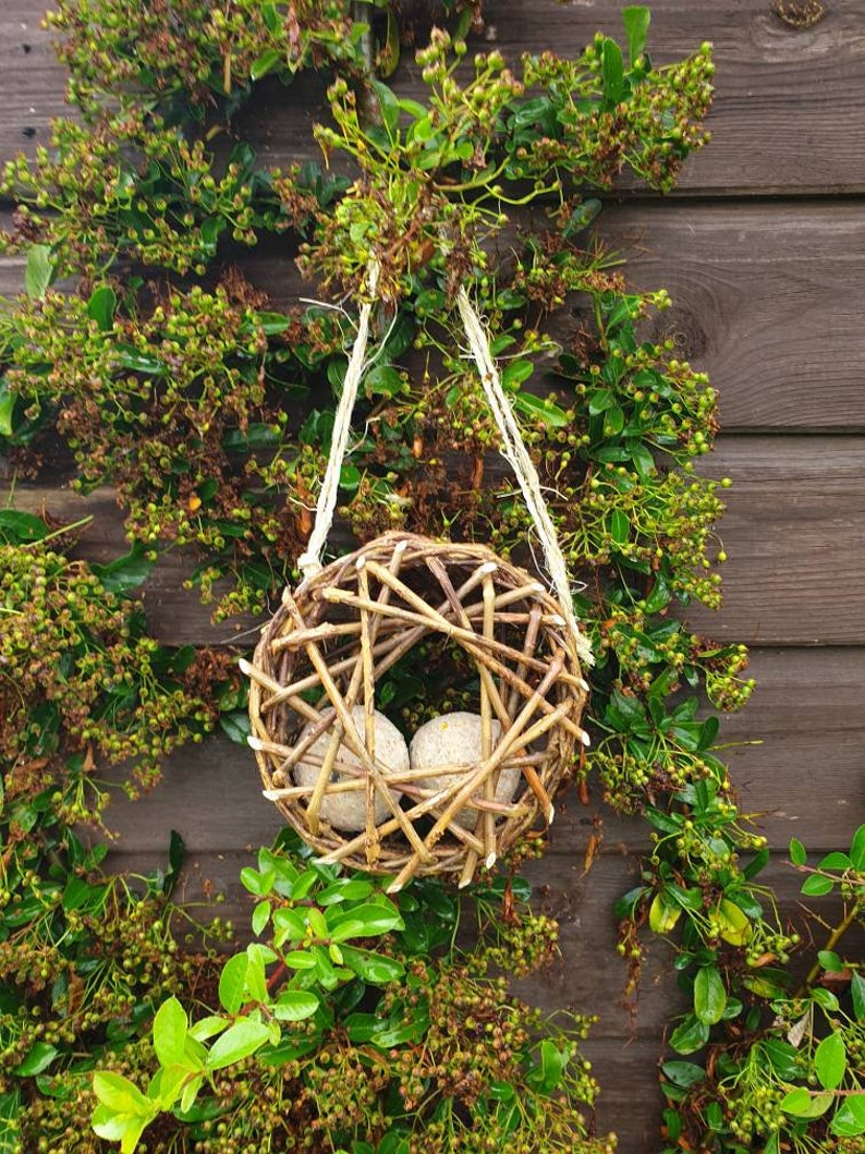 Peut inclure: Un mangeoire &agrave; oiseaux en brindilles tress&eacute;es avec deux g&acirc;teaux de graines d'oiseaux ronds suspendus &agrave; une ficelle sur un fond en bois avec un feuillage vert.