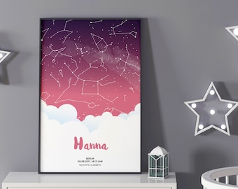 Personalisierte Sternenkarte (Wolken) mit Namen und Datum | Geschenk zur Taufe Geburt Geburtstagsgeschenk Jahrestag Geburt Poster