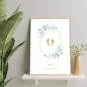 Abdruckposter Hand / Fuß • Geschenk zur Taufe/Geburt • Geburtsdatenposter mit Namen • Personalisiert mit Veredelung Eucalyptus Greenery