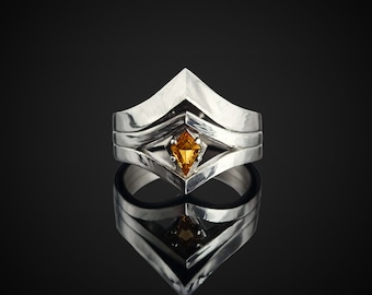Dawn - AAA Golden Citrine Kite cut Ring for men, 925 Sterling Silver, 10k/14k Solid White Gold, Magical, Medieval men&#39;s Ring, gift for her