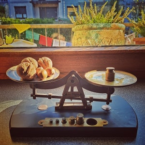 Kitchen Balance Scale Antique Style Brass and Wood Vintage Looking Unique Present Special Gift