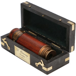 Messing telescoop houten kist vintage kijker piraat cadeau maritiem decor maat maat M