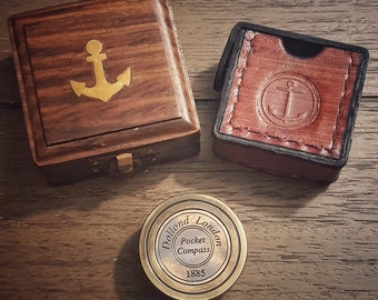 Pocket Brass Compass Sundial with Wooden Box or Leather Case