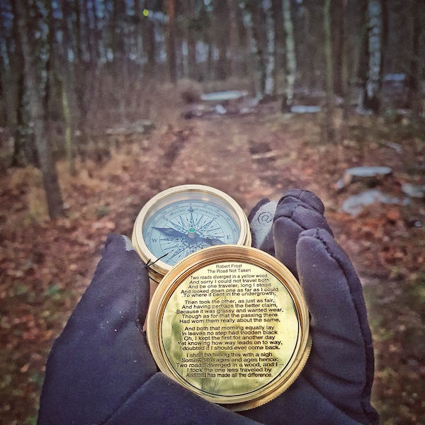 Brass Compass Robert Frost Poem with Leather Case The Road Not Taken Pocket Marine Collectible Maritime Antique Vintage Style