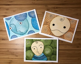 Mood Greetings  - Set of 3 Illustrated Postcards - 4"x6"