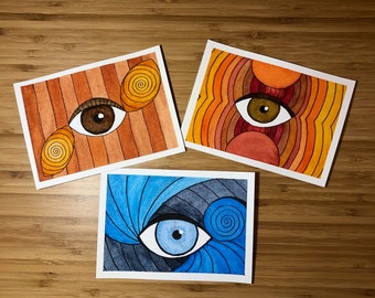 Linear Eyes Greetings  - Set of 3 Illustrated Postcards - 4"x6"