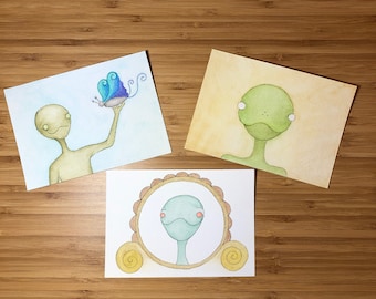 Alien Greetings  - Set of 3 Illustrated Postcards - 4"x6"