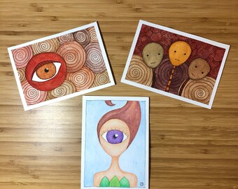 Earth Tone Greetings  - Set of 3 Illustrated Postcards - 4"x6"