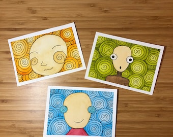 Smile Greetings  - Set of 3 Illustrated Postcards - 4"x6"