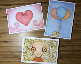 Thinking Greetings  - Set of 3 Illustrated Postcards - 4"x6"