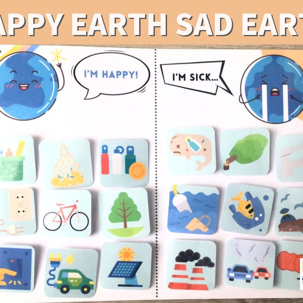 Earth Day Preschool Activity Printable, Nursery Earth day Activity, Happy Earth Sad Earth, Planet Activity, Recycle Reduce Reuse Activity