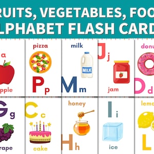 Fruit and Vegetable Alphabet Flash Cards, Food Alphabet Flash Cards, ABC Learning Cards, Flash Cards for kids, Alphabet Cards for children