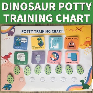 May include: A colorful dinosaur-themed potty training chart with a white background. The chart has a title that says "Dinosaur Potty Training Chart". There are 10 colorful squares with different images and text related to potty training. There are 10 green dinosaur eggs with black spots and 10 white circles below the squares. The chart also has a rainbow and a dinosaur at the bottom.