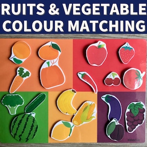 May include: A colorful educational game for kids featuring fruits and vegetables. The game includes a board with different colored squares and various cut-out images of fruits and vegetables. The game is designed to help children learn about colors and matching.
