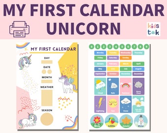 My First Unicorn Calendar, Busy Book Printable, Toddler Quiet Book, Homeschool Learning book, Learning Binder, Kids Weather Chart