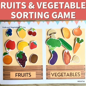 May include: A colorful educational game for kids featuring a sorting activity with pictures of fruits and vegetables. The game includes a board with two sections labeled "Fruits" and "Vegetables".  The game is designed to help children learn about different types of fruits and vegetables.