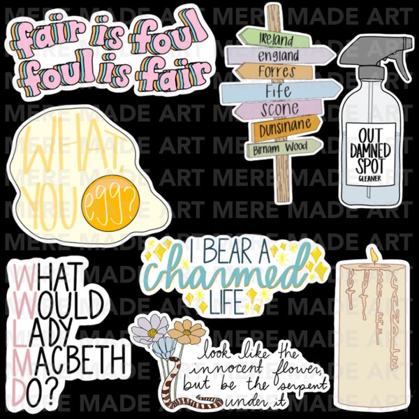 Macbeth Sticker Set, Vinyl, Die Cut, Water Resistant, Laptop, Egg, Fair is foul, Out damned spot, Charmed Life, Brief Candle, Shakespeare