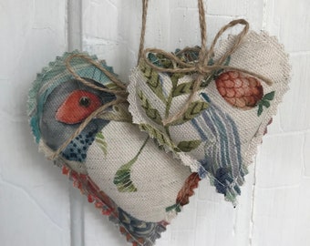 Hanging Hearts set of 2 Handmade Home Accents in Pheasant Fabric Country Style, Home Decor, Farmhouse,Shabby Chic