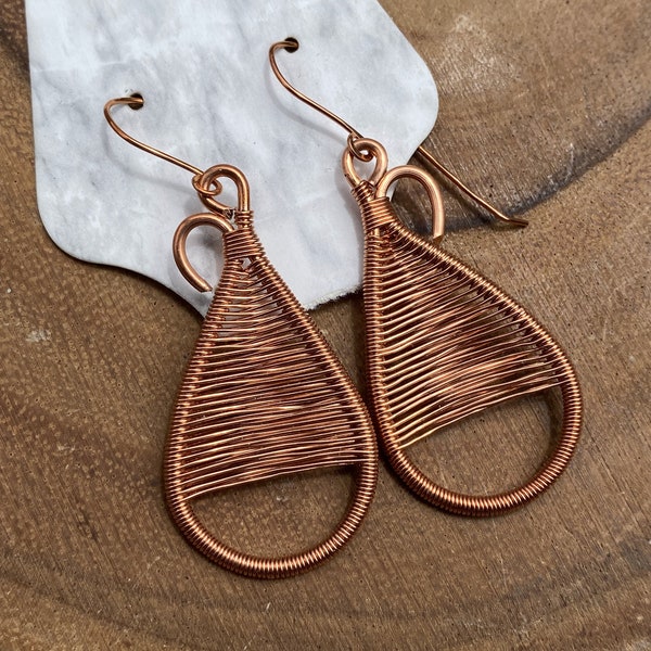 Copper Wire Dangles, Simple Pure Weaved Earring Dangles, Handmade Wire Wrapped Jewelry for Her, Boho Earrings