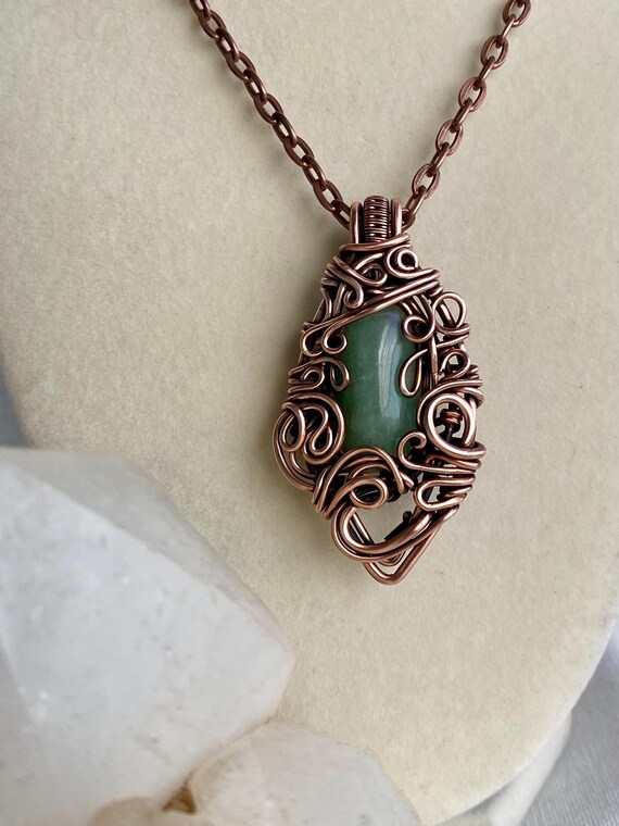 Aventurine Copper Wire Wrapped Pendant Necklace: Handmade Green