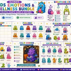 May include: A digital bundle of 15 educational charts, games, and routines titled Ultimate Kids Emotions & Wellness Bundle. The collection features colorful cartoon monsters and includes sections for breathing exercises, behavior, feelings, and daily routines.