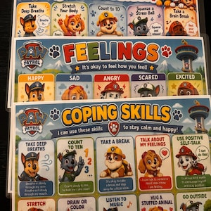 May include: Three Paw Patrol educational posters featuring colorful illustrations of characters. The posters are titled Cool Down, Feelings, and Coping Skills, providing guidance on emotional regulation with text prompts and character-led activities.