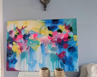Nueva pintura abstracta original, pieza única, 50 x 70 cm, colorida, pintura acrílica pintada a mano sobre lienzo.