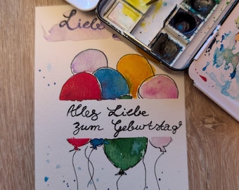Nueva postal original pintada a mano con acuarela, tarjeta de cumpleaños, tarjeta de felicitación individual personalizable, globos.