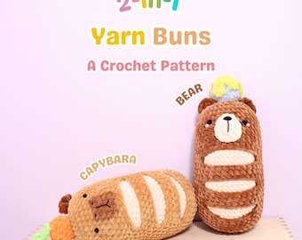 Modello PDF per panino Amigurumi all'uncinetto con capibara e orsetto, senza cuciture, per baguette