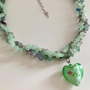 Fluorite Heart Necklace, Green Beaded Choker, Lampwork Glass Heart Pendant necklace, Layered Y2K  Statement Jewelry