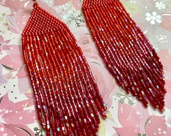 Hot Red Ombre Tassel Fringe Earrings - Long Beaded Dusters, Bright Sparkling Glass Seed Bead Jewelry